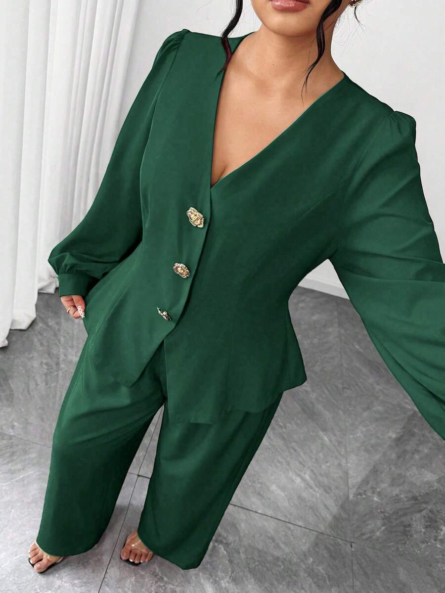 Elenzga Plus Size Elegant Women's Dark Green 2 Pieces Set,Formal Autumn V-Neck Gold Button Long Sleeve Blazer And Pants Suit For Wedding,Gala,Party & Office - Dark Green - View 1