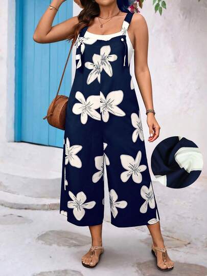 EMERY ROSE Plus Size Drawstring Pocket Decor Straight Leg Jumpsuit Floral Jumpsuit Women Vacation Jumpsuit Summer Jumpsuit Capri Jumpsuit  Spring Summer Picks Mother's Day Outfit Woman Dress