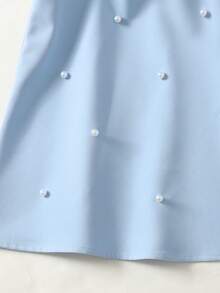 SHEIN Serisse Kids Đầm không tay dáng chữ A cổ yếm màu trơn thanh lịch dành cho bé gái tuổi teen, đính hạt cườm và nơ sau lưng. - Màu xanh nhạt - Xem 3