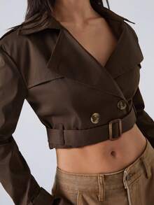 LYSMO Women's Autumn/Winter Brown Notched Collar Button Front Long Sleeve Short Trench Coat,Fall - Brown - View 6