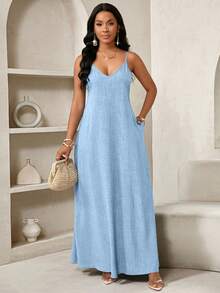 SHEIN Lady Đầm Maxi Rộng thùng thình cho Nữ Đầm Maxi Không Dây, Đầm Dự Tiệc Sinh Nhật & Sự Kiện/Đầm Ngày Lễ Trang Phục Kỳ Nghỉ Đầm Nữ Boho/Bohemia/Boho Quần Áo Nữ Áo Halter Top Quần Áo Phụ Nữ Châu Phi Đầm Nữ Đầm Nhiệt Đới Mùa Hè Cho Nữ Hàng Mới Về Đầm Nữ Đầm Đi Biển Đầm Phục Sinh / Đầm Phục Sinh Nữ / Trang Phục Phục Sinh Nữ - Màu xanh nhạt - Xem 7
