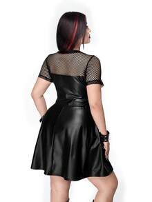 Whyspr Đầm mini dáng chữ A phối lưới, màu trơn phong cách punk dành cho nữ, cỡ lớn. - màu đen - Xem 3