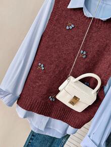 Modelyn Áo len chui đầu cổ tròn thêu màu trơn thường ngày cho nữ vào mùa thu/đông - Màu Đỏ Sâu - Xem 6