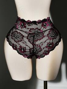 Plus Size Women Floral Print Lace Patchwork Sexy Panties - Purple - View 6