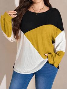 SHEIN LUNE 大码休闲撞色圆领灯笼袖卫衣，秋季大码服装 - 彩色 - 查看 3