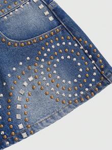 ROMWE Grunge Punk Chân váy denim ngắn nữ thời trang, gợi cảm, đính đá lấp lánh, chi tiết đinh tán, túi lệch vai, thích hợp cho mùa hè. - Màu xanh lam - Xem 4