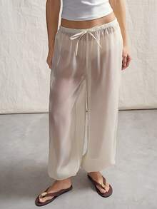 SHEIN ICON Women's Solid Color Sheer Twist Front Wide Leg Pants, Sexy & Fashionable - Beige - View 4