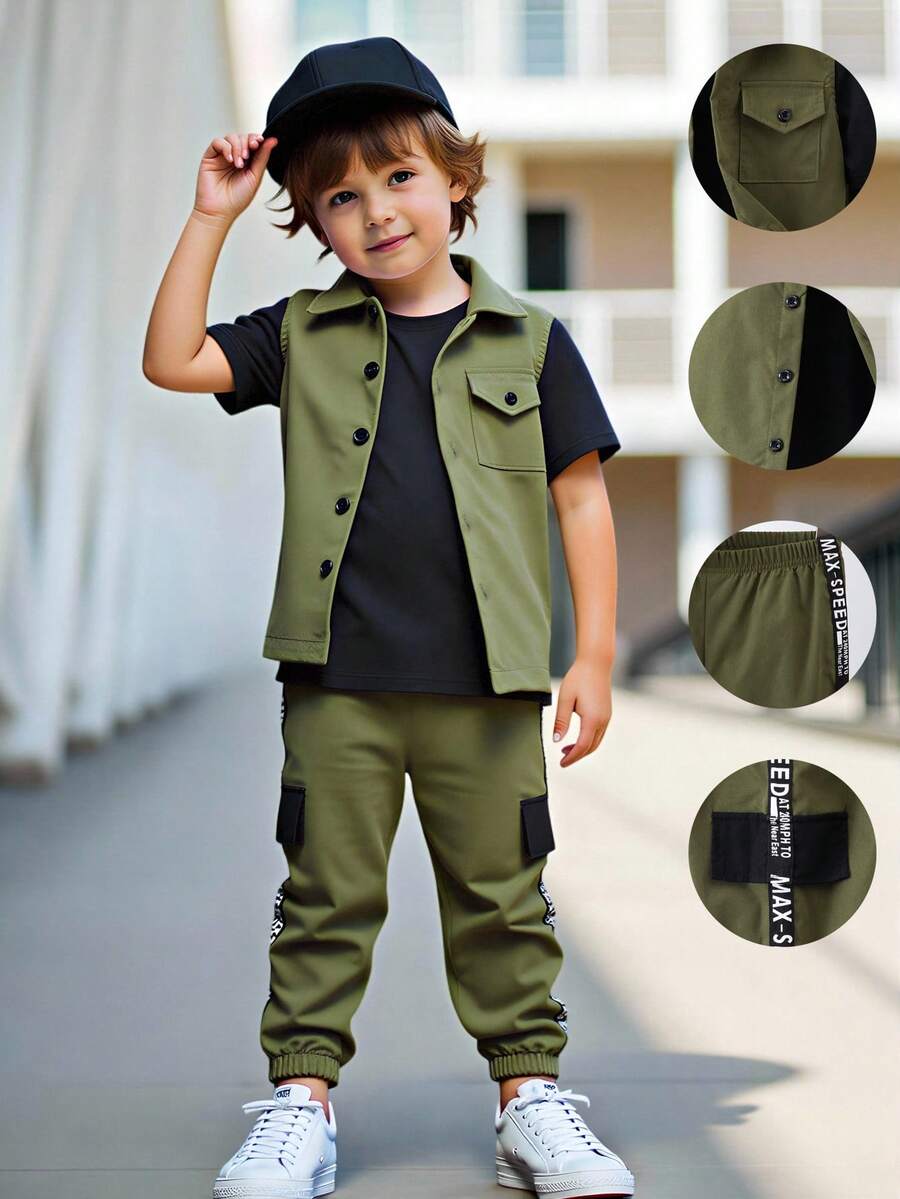 SHEIN Bộ 3 món kiểu dáng tiện dụng cho bé trai gồm áo sơ mi, áo ba lỗ và áo thun cổ tròn tay ngắn kèm quần cargo, trang phục mùa hè thoải mái cho kỳ nghỉ, du lịch, thư giãn và tắm nắng. - xanh quân đội - Xem 1