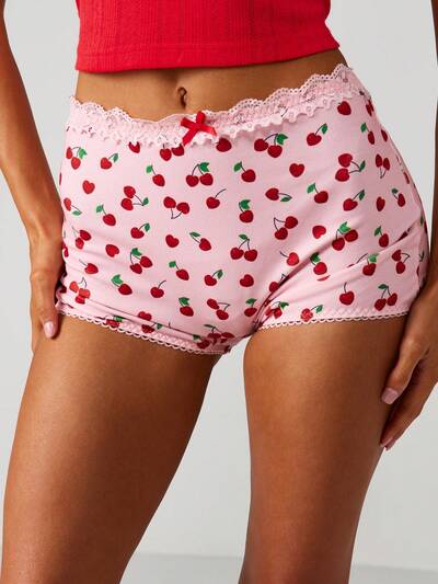 MISSGUIDED レーストリム付きチェリープリントボーイショーツ