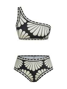 Swim Oasis 三件套女士春夏沙滩泳衣套装，优雅社交名媛复古波西米亚风海洋花卉贝壳印花，不对称肩部比基尼上衣搭配裹身网纱裙，高级套装，适合新年、情人节、返校季、旅行、海滩、下午茶、派对、日常穿着、休闲、户外活动等场合，时尚百搭。 - 彩色 - 查看 4