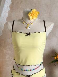 Bellisia Elegant Solid Color Cute Bow Trim Backless Bikini Two Pieces Swimsuit, Suitable For Beach Vacation - Yellow - View 5