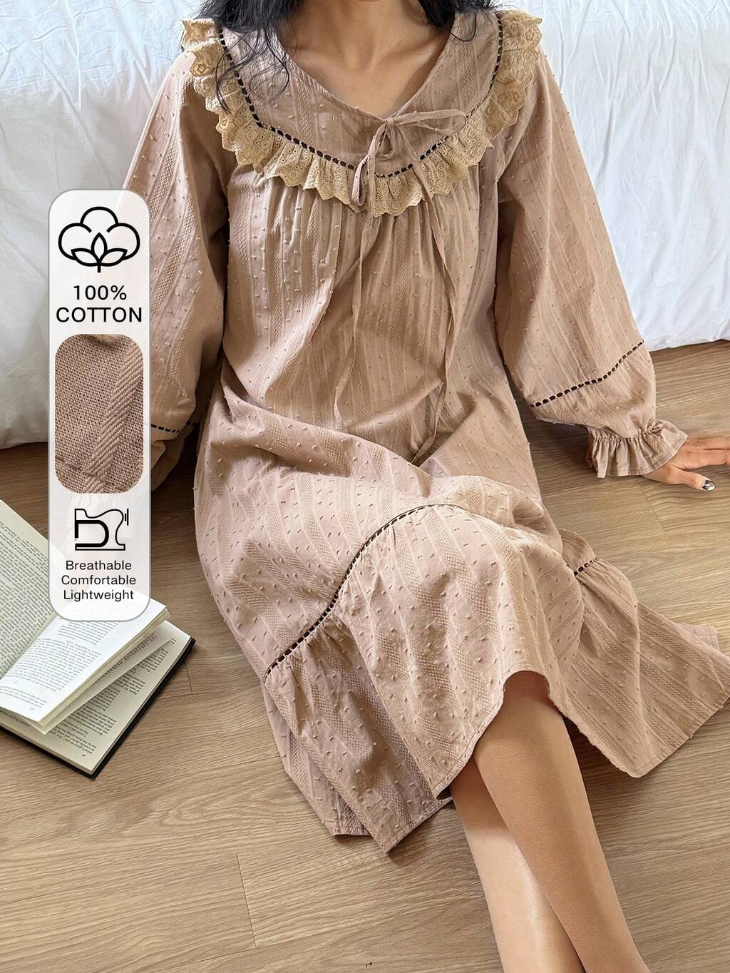 Elegant Ruffle Lantern Sleeve Long Women Nightgown
