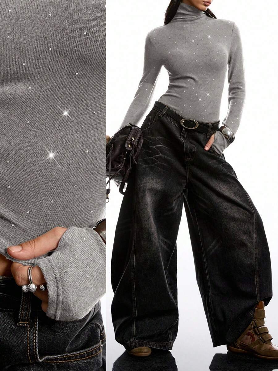 LYSMO New Arrival Minimalist Women's Grey Rhinestone Decor Turtleneck Long Sleeve Fitted Fashion T-Shirt, Spring/Summer - Grey - View 1