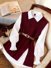 Airaco 女士春季白色灯笼袖衬衫和宽松开襟背心毛衣两件套 - 酒紅色 - 查看 1