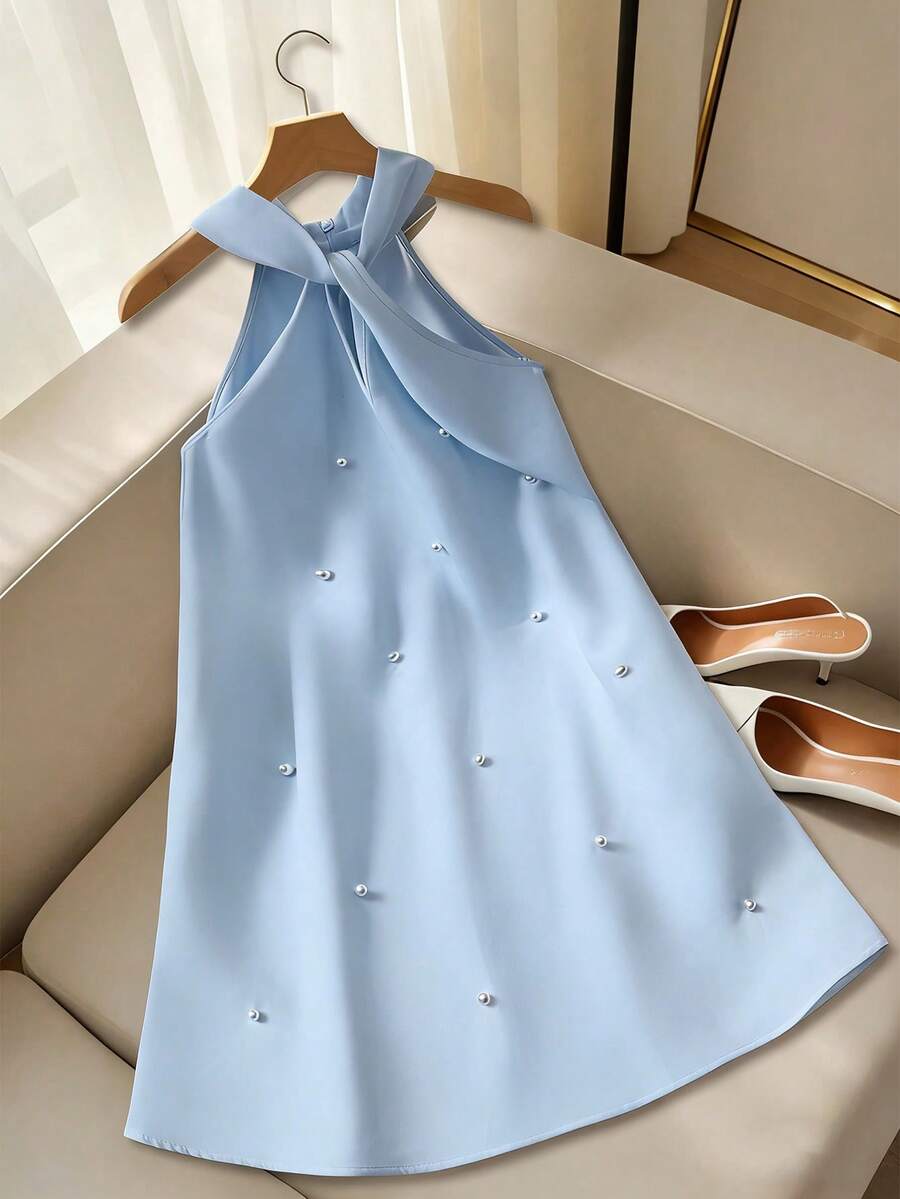 SHEIN Serisse Kids Đầm không tay dáng chữ A cổ yếm màu trơn thanh lịch dành cho bé gái tuổi teen, đính hạt cườm và nơ sau lưng. - Màu xanh nhạt - Xem 1