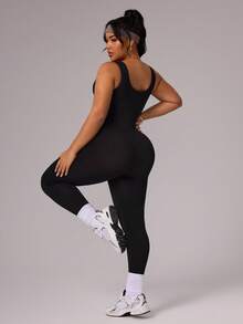 SHEIN Sports Plus Size Women Solid Color Elastic Waist Snap Button Jumpsuit - Black - View 2