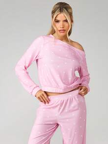 MISSGUIDED Off Shoulder Long Sleeve Top And Straight Leg Pants Polka Dot Pajama Set For Loungewear And Sleepwear - Pink - View 3