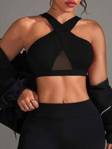 Rhythm Era Plus Size Women Solid Color Mesh Patchwork Sports Bra, Suitable For Daily Fitness - Black - View 3