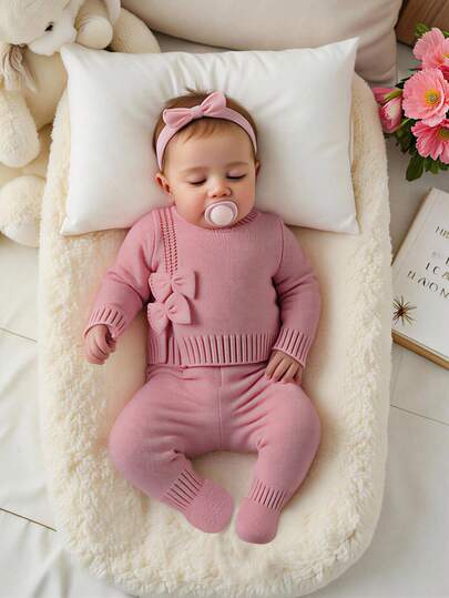 Nyfödd baby moderiktig söt rund halsringning med axelknappar och långärmad rosettstickad tröja och stickade byxor, set med mjuka och bekväma stickade byxor, lämplig för vår, höst och vinter, lämplig för dagligt bruk, utomhusbruk, resor, semester, hem, barnrum och lekkläder för barn.