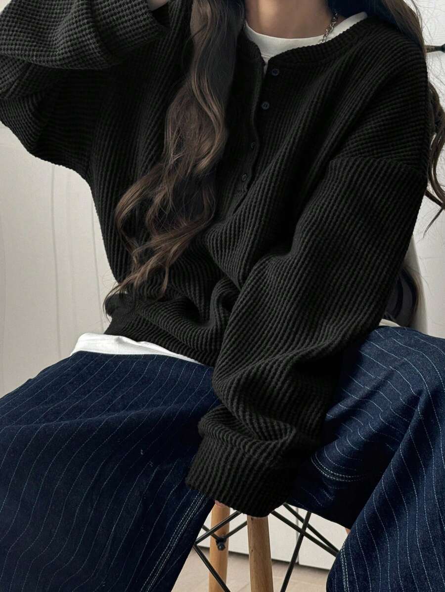 FRIFUL Áo nỉ nữ màu trơn cổ tròn cài cúc phía trước, vai rớt, tay dài, dáng rộng, thích hợp mặc mùa thu/đông. - màu đen - Xem 1