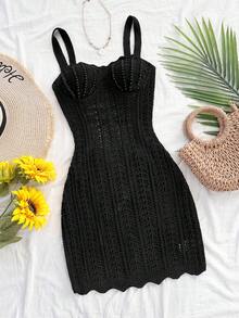 Soleia 女士度假针织纹理面料海洋贝壳迷你连衣裙，性感派对约会海滩度假夏季装扮，适合度假约会、下午茶、婚礼季、海滩游轮度假、城市自驾游度假、波西米亚风度假、音乐节等场合。 - 黑色 - 查看 5