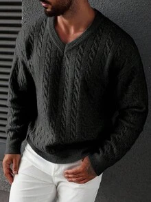Manfinity Homme 男士休闲麻花针织V领长袖毛衣，秋冬男士麻花针织毛衣，男士V领罗纹毛衣 - 黑色 - 查看 6