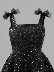 SHEIN 优雅少女蝴蝶结装饰A字荷叶边网纱吊带裙，适合晚宴和宴会穿着 - 黑色 - 查看 5