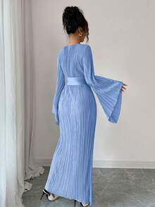 Elenzga Women's Blue Waist Cinched Round Neck Long Sleeve Standard Size Long Dress Smocked Women Dress Long Sleeve Elegant Dress Pleated Dresses For Women Elegant Dress - Baby Blue - View 2