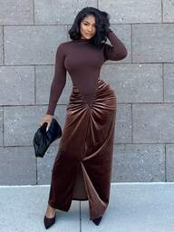 Alexandranx 2025 Frühling/Sommer Neuerscheinung Musik Festival, Ostern, St. Patrick's Day, Western, Nomadisch, Geburtstags Party, Abschluss, College Stil, Student, Alltags Lässig, Basic Vielseitig, Lässig, Kreuzfahrt Reise, Strand, Sonnenbaden, Viral, Streetwear, Hochzeitsgast Boho, Pendeln, Brunch, Flughafen, Y2K, Vintage Robust Rundhals Langarm Taille Raffung Samt Patchwork Maxikleid - Braun