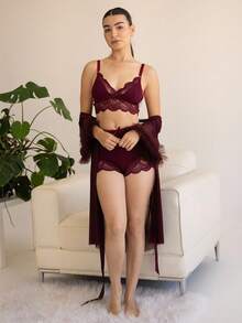Andrea Bello 3pcs Lace Splice Sexy Camisole Shorts + 3D Trim Wide Sleeve Mesh Robe Set - Maroon - View 5