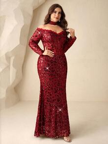 Coutiva Plus Size Women's Burgundy Spring Elegant Evening Formal Dress,Off-Shoulder Lace Patchwork Sequin Gown With Detachable Collar And Faux Fishbone - Burgundy - View 6