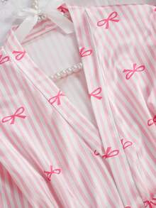 Girls Pajamas Set, Includes Striped Robe, Camisole, And Shorts, Minimalist Pink With Bow Print, For Big Tween Girl Bows Design Pajamas - Multicolor - View 4