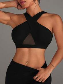 Rhythm Era Plus Size Women Solid Color Mesh Patchwork Sports Bra, Suitable For Daily Fitness - Black - View 4