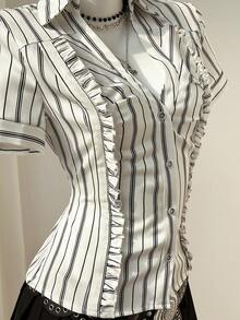 Elamini Women's Cute Sweet Frill Trim Striped Tie-Front Cropped Short Sleeve Blouse, Spring/Summer - White - View 5