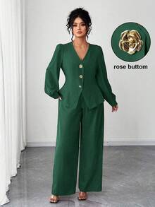 Elenzga Plus Size Elegant Women's Dark Green 2 Pieces Set,Formal Autumn V-Neck Gold Button Long Sleeve Blazer And Pants Suit For Wedding,Gala,Party & Office - Dark Green - View 3