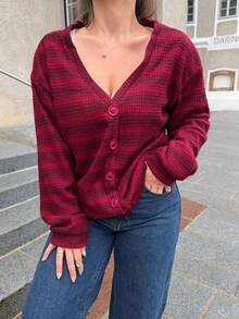 Jeta Ari Áo khoác cardigan kẻ sọc cài nút tay dài mùa xuân thường ngày phong cách Y2k thập niên 90 kẻ sọc sân bay cỡ lớn mùa thu trở lại trường mùa thu đông hàng ngày - Màu Đỏ Sâu - Xem 3
