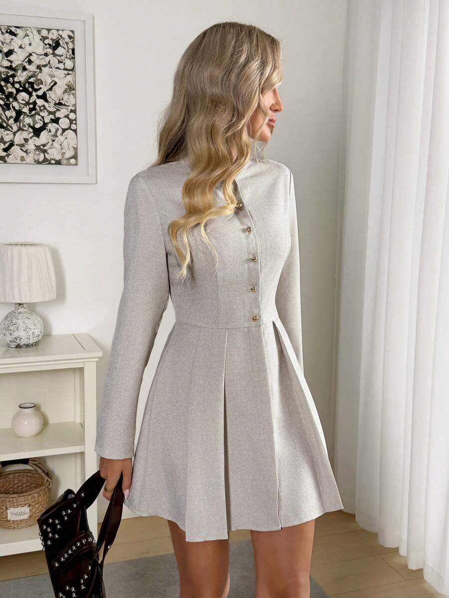 Easowa Stand Collar Metal Button Decor Half-Open Front Waist Pleated A-Line Long Sleeve Casual Loose Elegant Commuter Vintage Mini Dress For Women, Autumn/Winter Long Sleeve Elegant Dress - Apricot - View 1