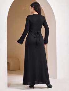 Veilorie 女士纯色圆领长袖纽扣设计休闲连衣裙 - 黑色 - 查看 7