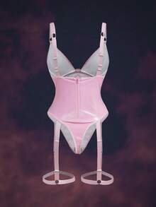 SHEIN 1 件女士性感柔软粉色 PU 皮革连体紧身衣，带钢圈内衣外套，外出必备 - 粉色 - 查看 2