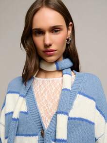Nöista Oversized Blue And White Stripe Cardigan With Scarf Detail,Long Sleeves,Contrast Buttons.Casual,Back-To-School,School Autumn Layering For Spring - Blue - View 4