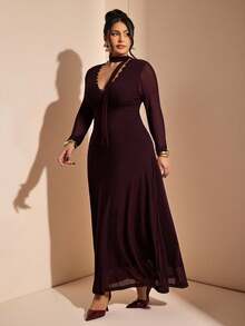 SHEIN BAE Vestido largo minimalista de talla grande con escote en V, cintura ceñida y ribete de encaje, color borgoña, otoño, elegante, atuendo de Navidad y Año Nuevo para mujeres, vestido de invitada de boda - Café integral - Ver 1