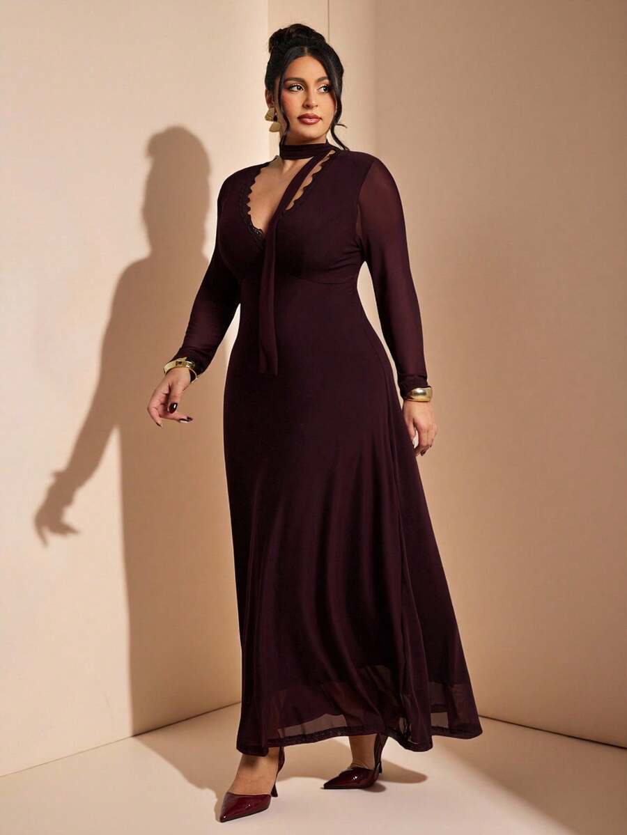 SHEIN BAE Vestido largo minimalista de talla grande con escote en V, cintura ceñida y ribete de encaje, color borgoña, otoño, elegante, atuendo de Navidad y Año Nuevo para mujeres, vestido de invitada de boda - Café integral - Ver 1
