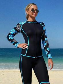 SHEIN Swim SPRTY 3 Pieces Bikini Set: Knee Length Shorts, Tight-Fit Tank Top, Zip-Front Long Sleeve Cover Up. For Water Sports/Beach, UV Protection, Modest Design For Women For Summer Beach Vacation - Multicolor - View 1