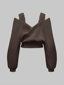 ROMWE Party Casual French Casual Sexy Lace Strap Deep V Off Shoulder Pullover Sweater - Brown - View 2