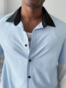 HUEFORM Camicia casual da uomo a righe, ampia, con patchwork, camicia casual con bottoni, moda casual - Blu - Visualizzare 6