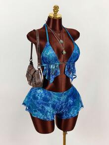 Amplova Women's Spring New Lace Ombre Pattern Low-Cut Halter Camisole And Low-Waist Shorts Set