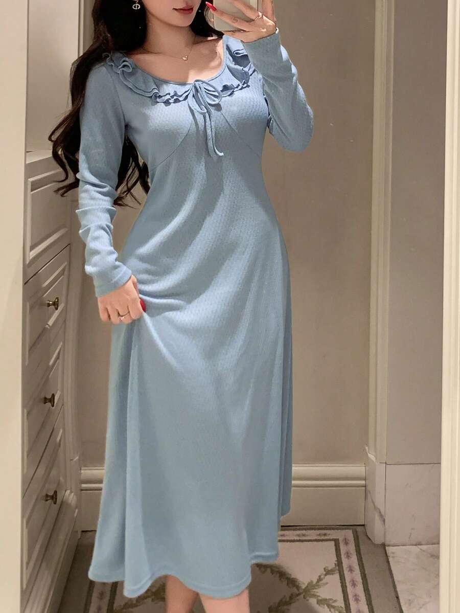 DAZY Lovely Ruffled Collar Knit Dress Loungewear For Women - Grey - View 1