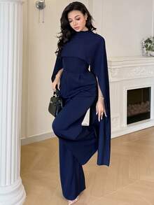 Feyla Áo choàng Poncho kiểu dáng mới với khăn quàng cổ thắt nơ, bộ jumpsuit thanh lịch ôm eo, cao cấp cho các bữa tiệc và tụ họp. - Màu xanh hải quân - Xem 3