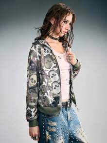 ROMWE Grunge Punk 亚文化朋克骷髅迷彩印花十字水钻毛领拉链卫衣 - 彩色 - 查看 5