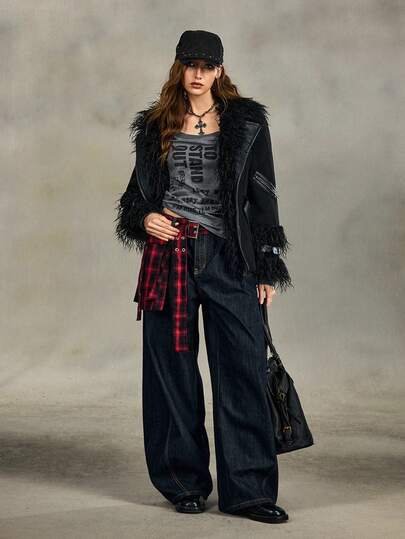 Grunge Punk Jeans a zampa con gonna a strati in stile retrò americano a quadri Y2K